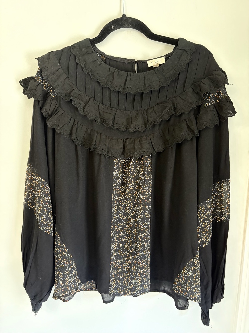 POL Black Ruffle Yoke Floral Panel Blouse Boho Lace Cottagecore Whimsagoth